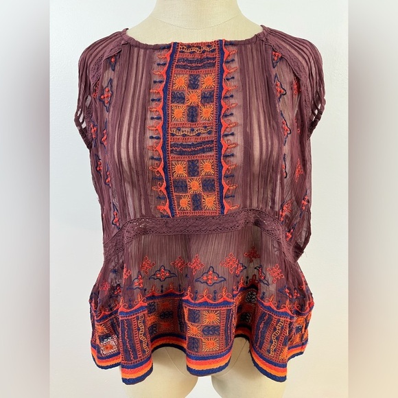 Free People All Your Feelings Sheer Blouse Purple + Orange Sleeveless Top, sz XS - Picture 2 of 14
